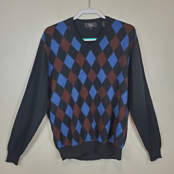 Villini Merino Wool Blend Black Argyle Vneck Sweater Knit L Mens Business Casual - Picture 2 of 8